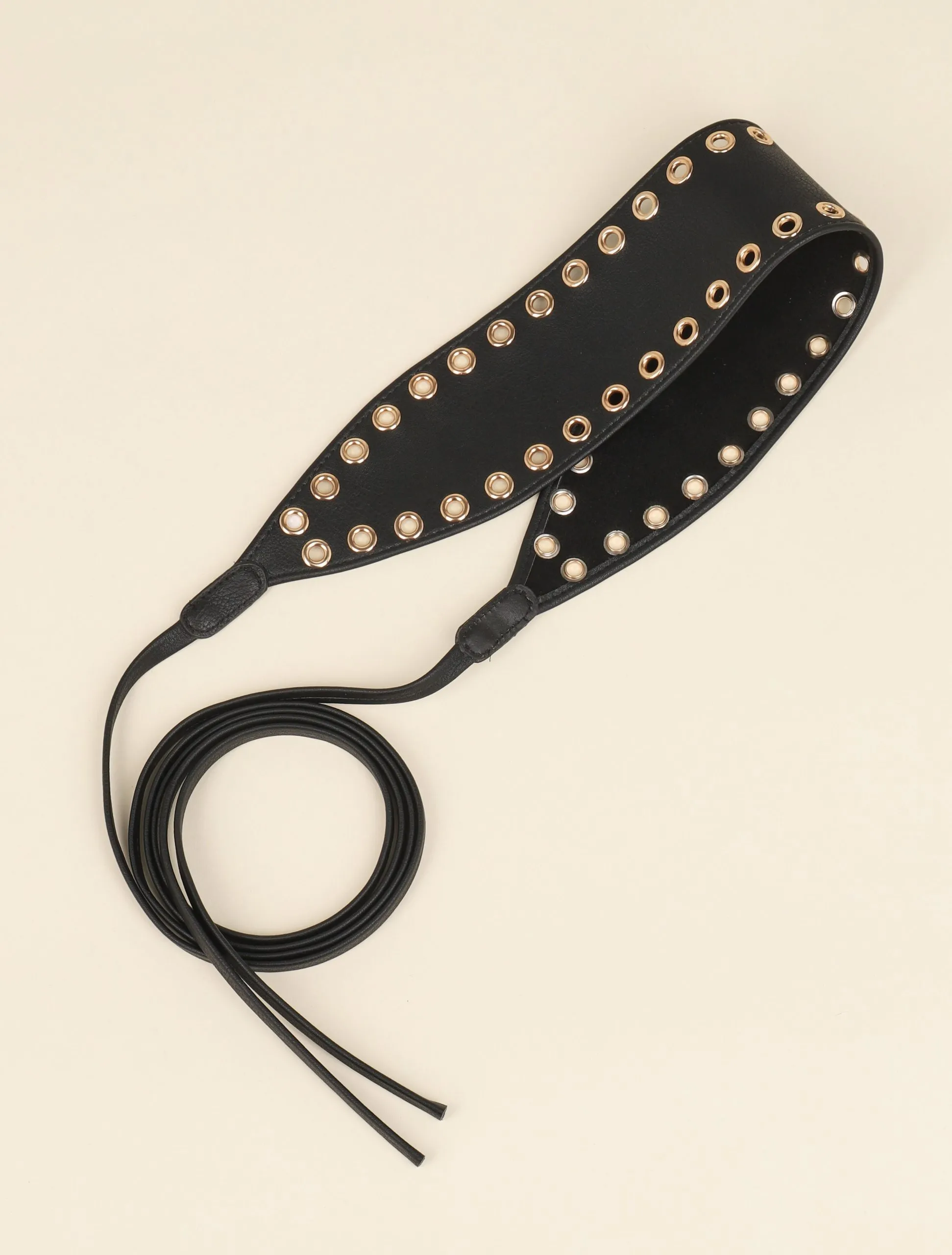 Ceinture à nouer à détails oeillets dorées - Noir