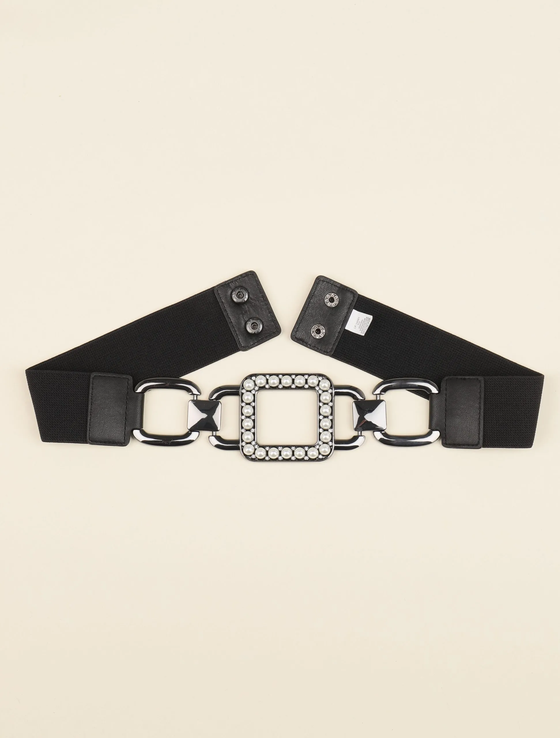 Ceinture élastiquée à boucle carrée ornée de perles et strass - Noir