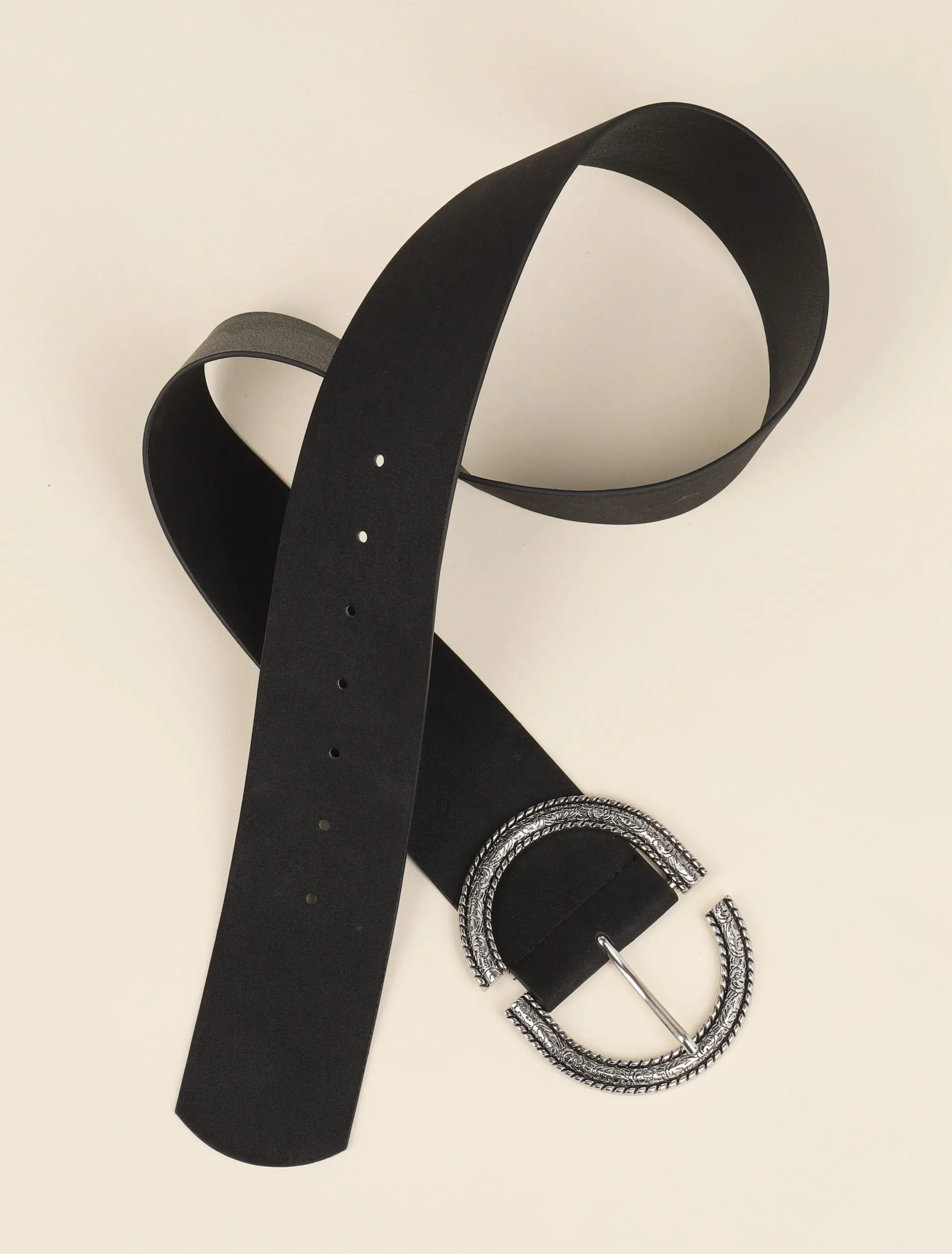 Ceinture à boucle métallique ovale gravé - Noir