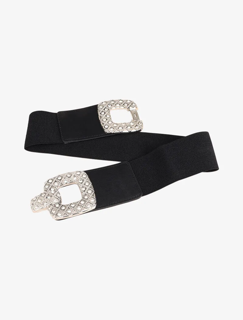 Ceinture élastiquée à boucle carrée à strass - Noir/argenté