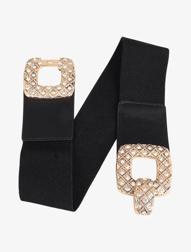 Ceinture élastiquée à boucle carrée à strass - Noir/doré
