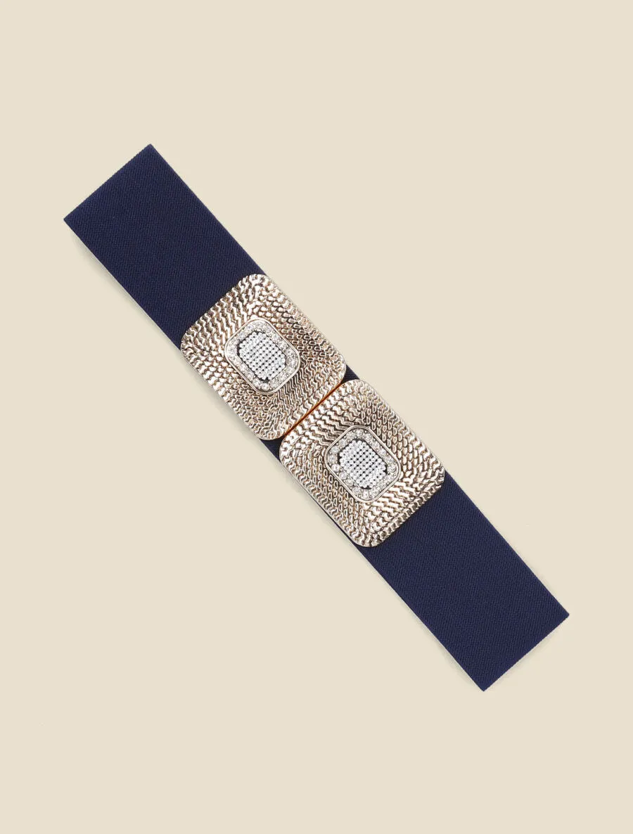 Ceinture élastiquée double boucles à strass - Marine