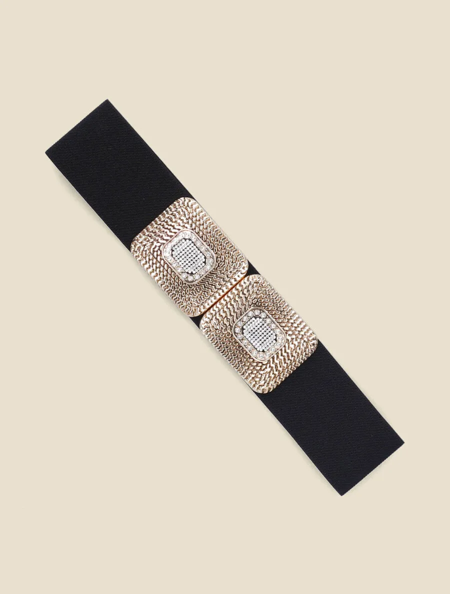 Ceinture élastiquée double boucles à strass - Noir/or