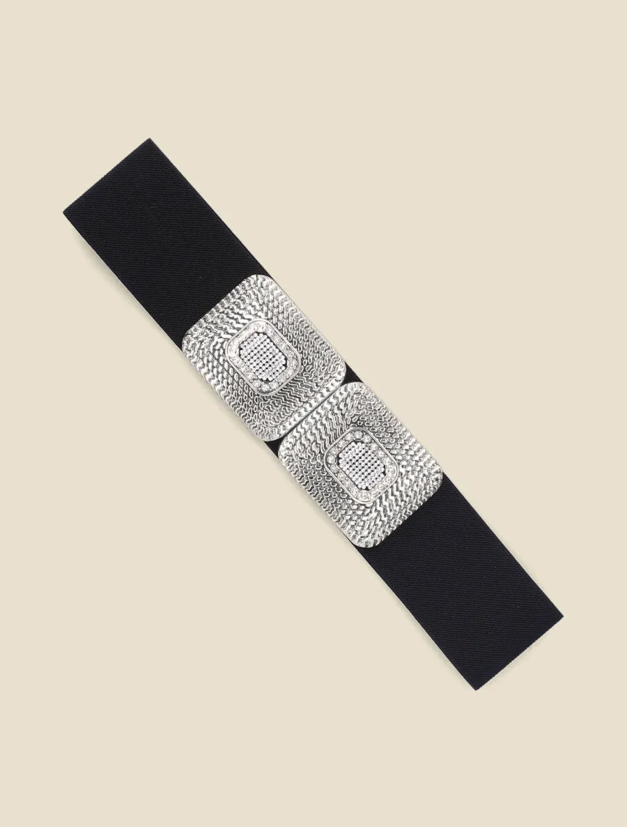 Ceinture élastiquée double boucles à strass - Noir/argent