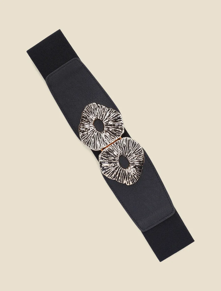 Ceinture élastiquée double boucles fantaisies - Noir/or