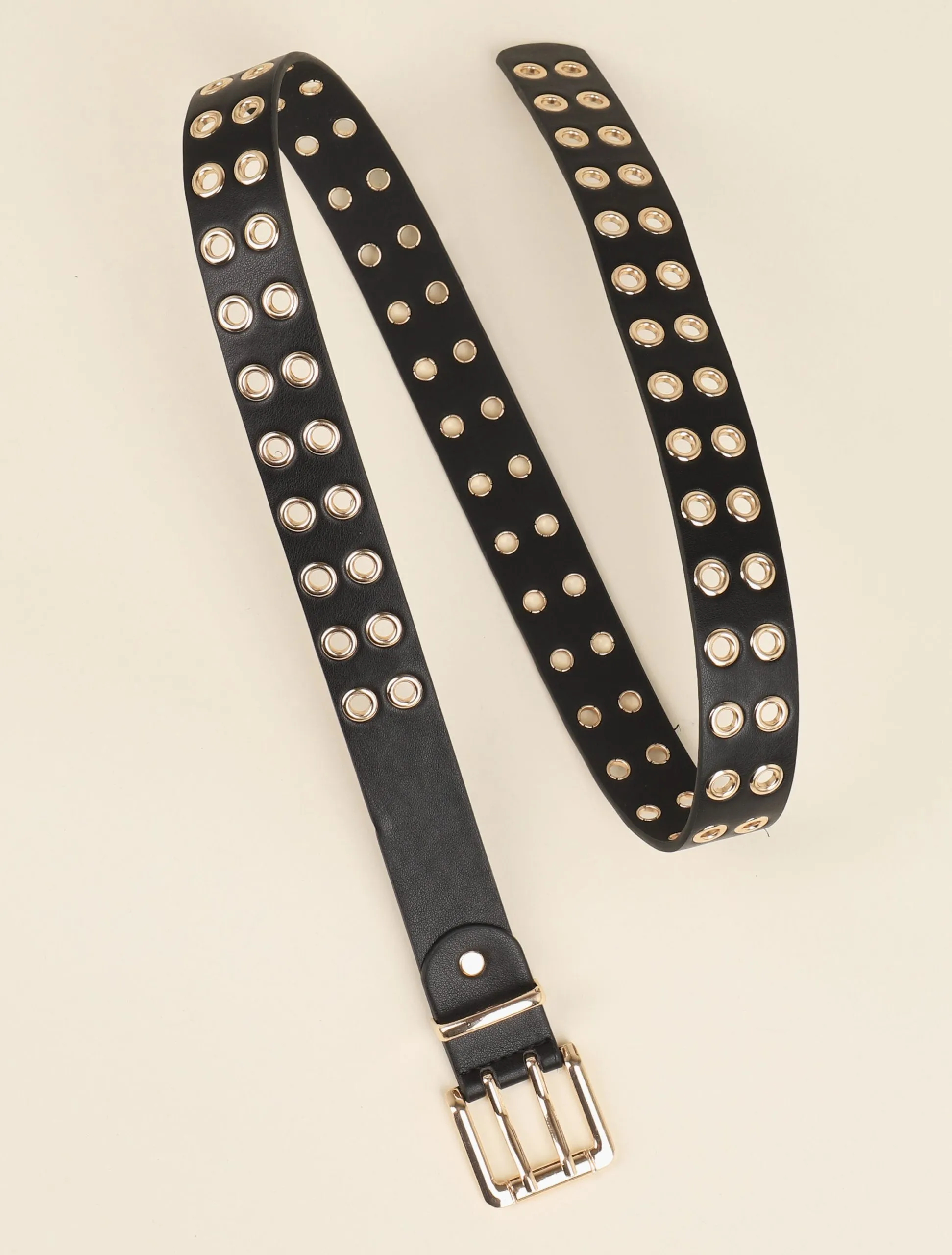 Ceinture en simili à oeillets et double ardillon - Noir/dorée