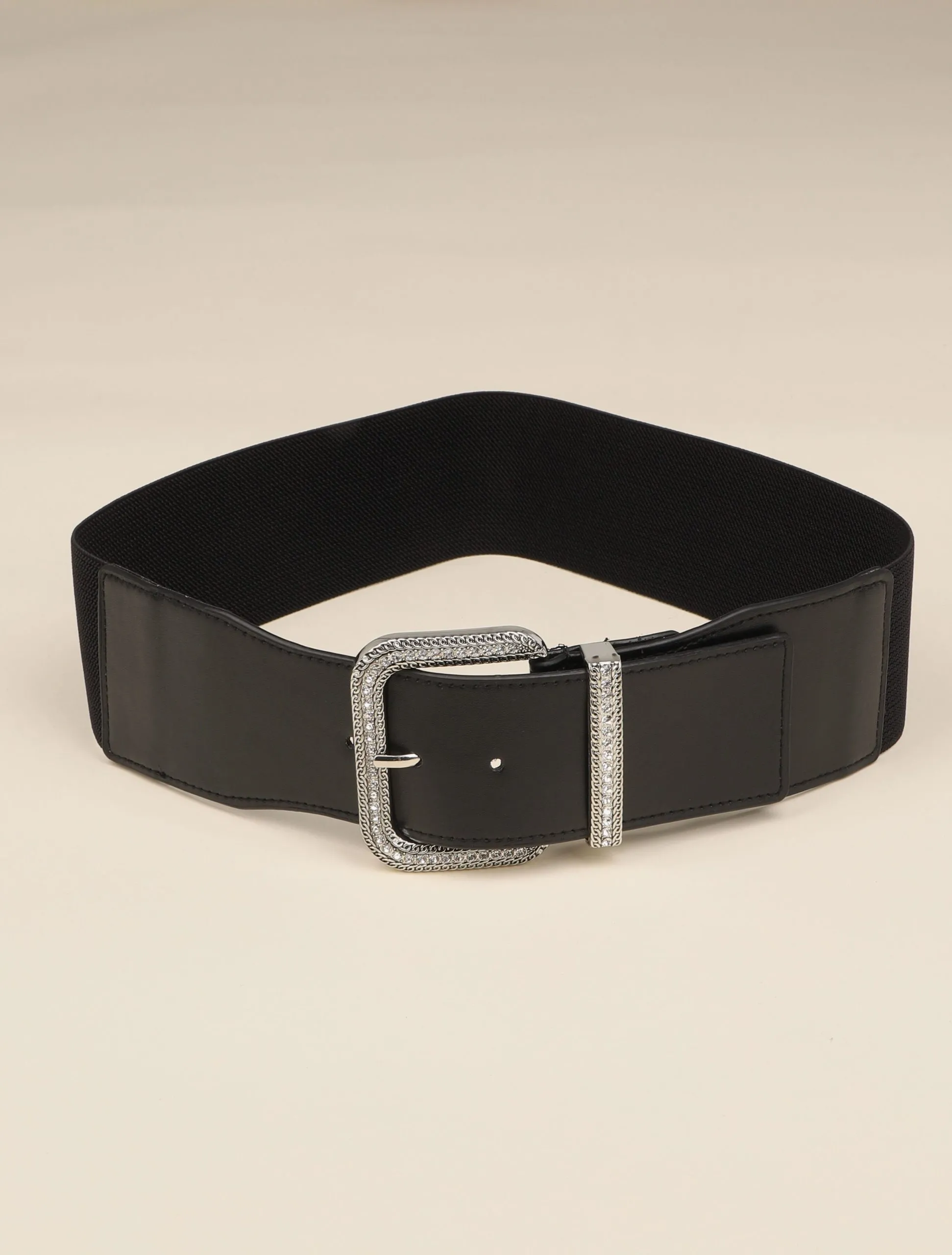 Ceinture élastiquée à boucle carrée strassée - Noir/argentée