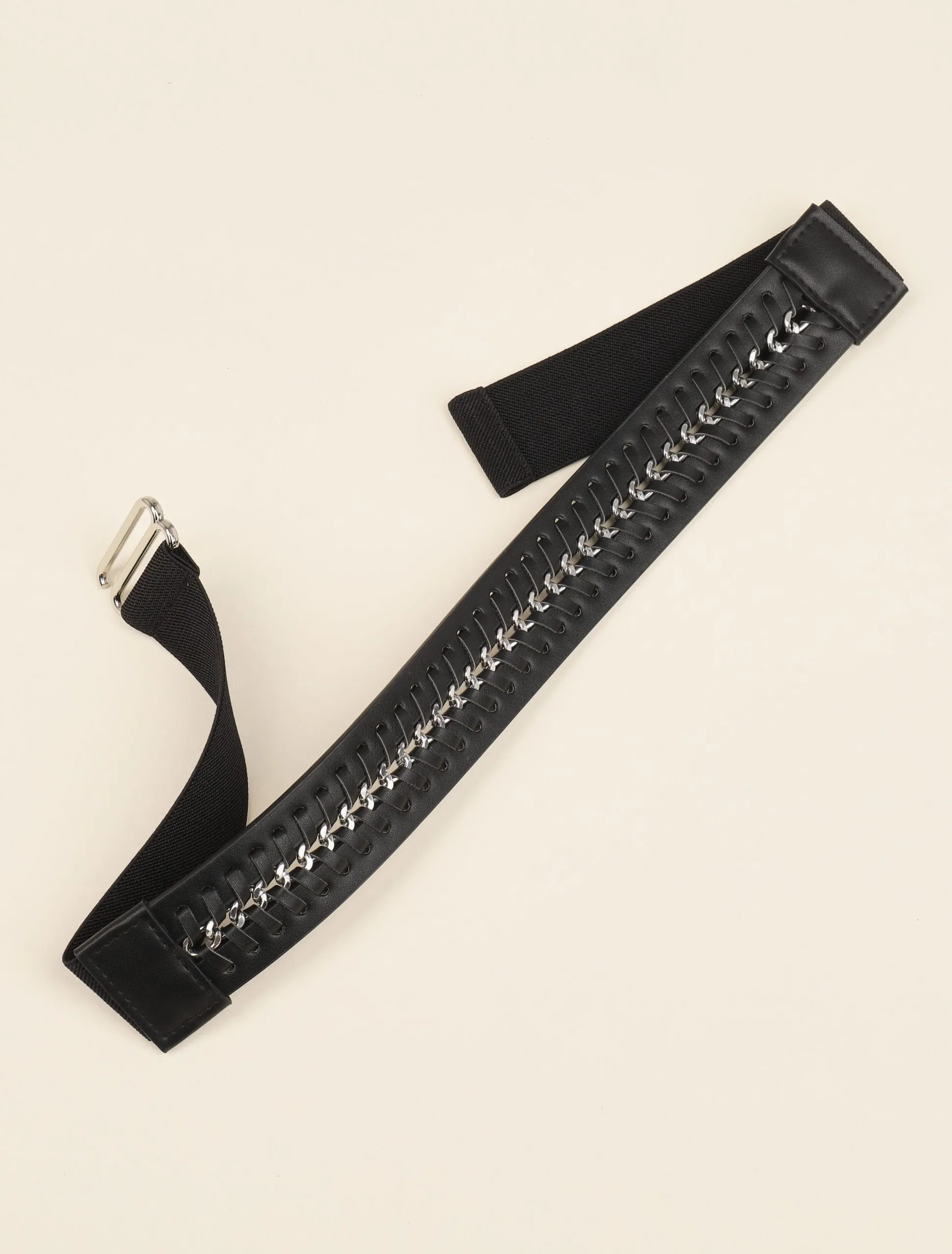 Ceinture élastiquée en macramé et chaîne - Noir/argentée