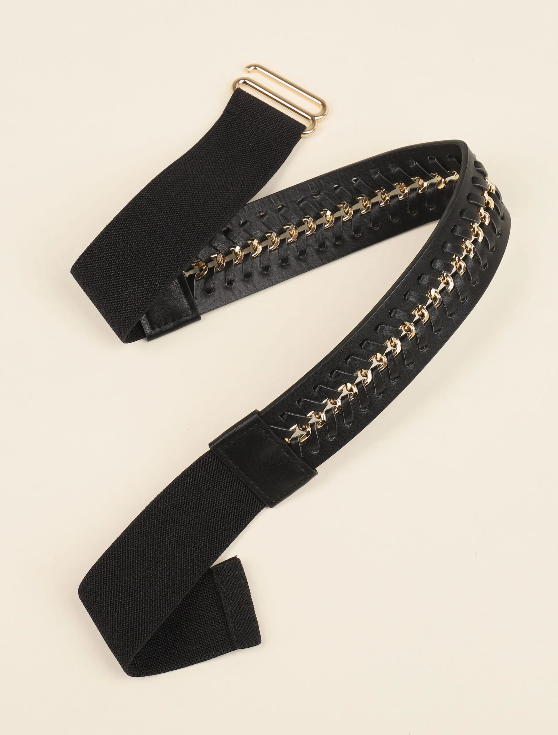 Ceinture élastiquée en macramé et chaîne - Noir/dorée