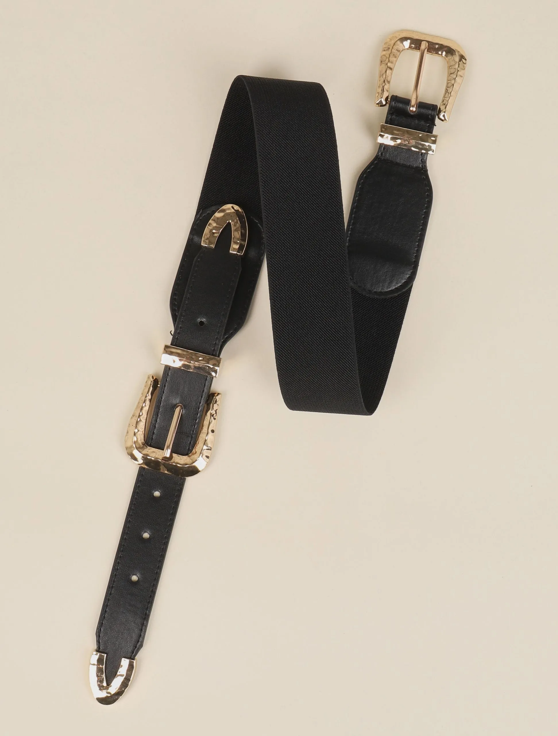 Ceinture à double boucles martelées - Noir/dorée