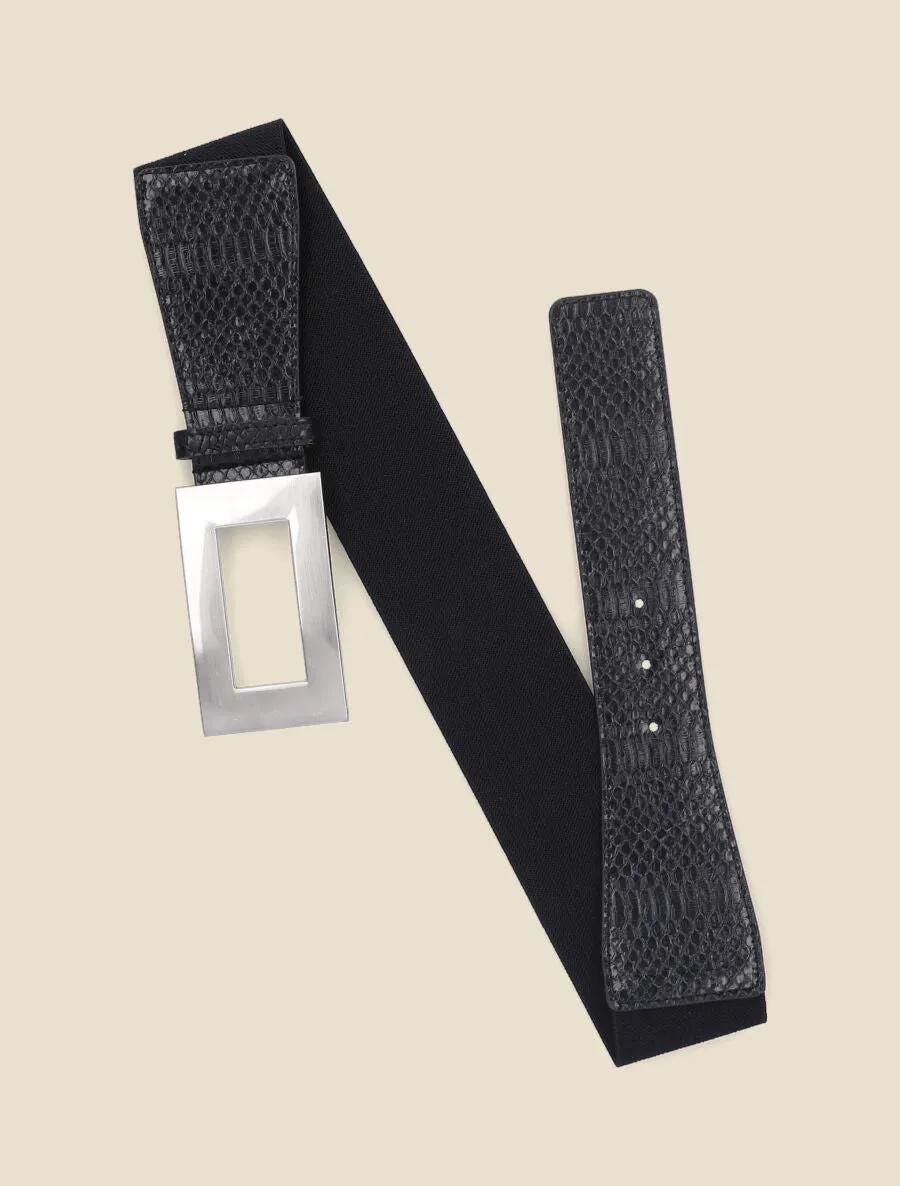 Ceinture élastiquée imprimé python et boucle rectangle - Noir