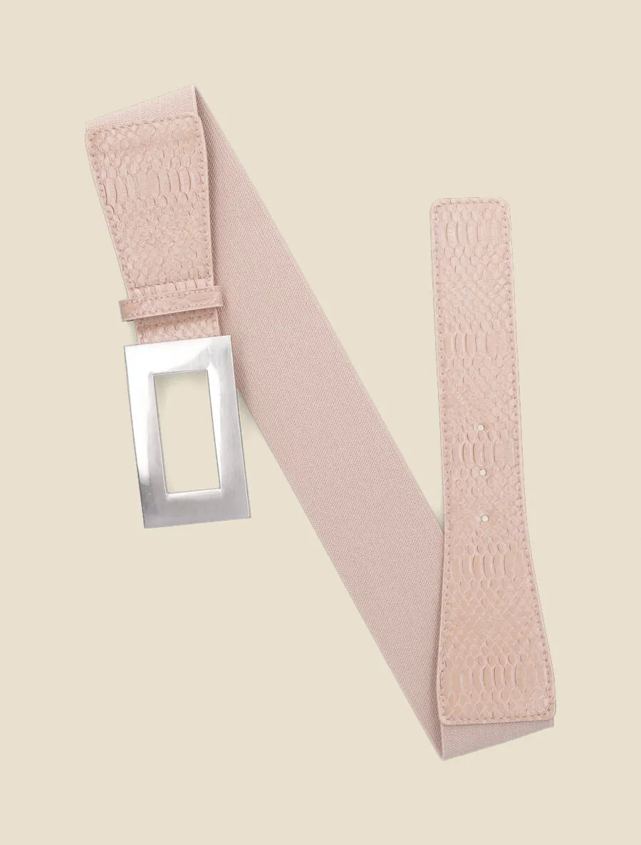 Ceinture élastiquée imprimé python et boucle rectangle - Rose