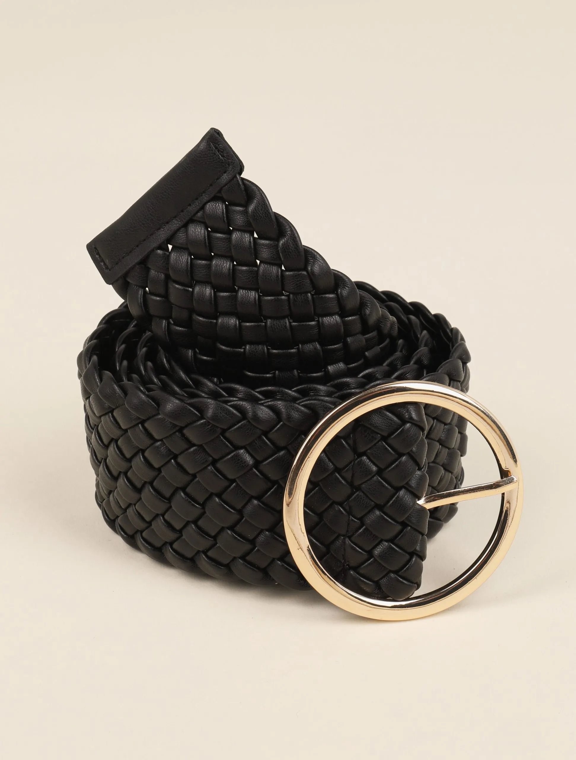 Ceinture tressée à boucle ronde métallique - Noir/dorée