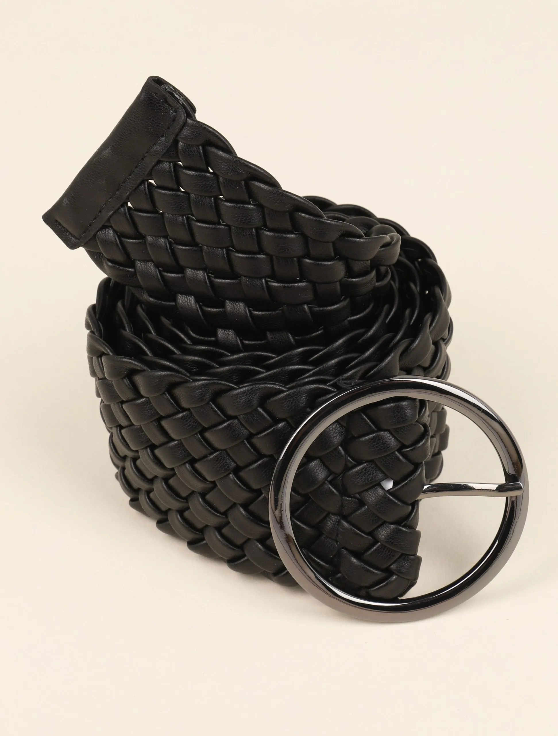 Ceinture tressée à boucle ronde métallique - Noir