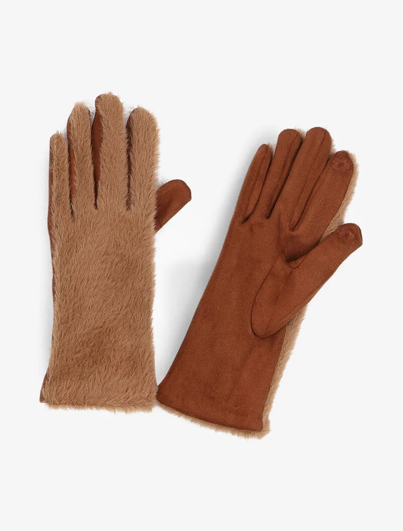Gants en suédine et fausse fourrure - Camel