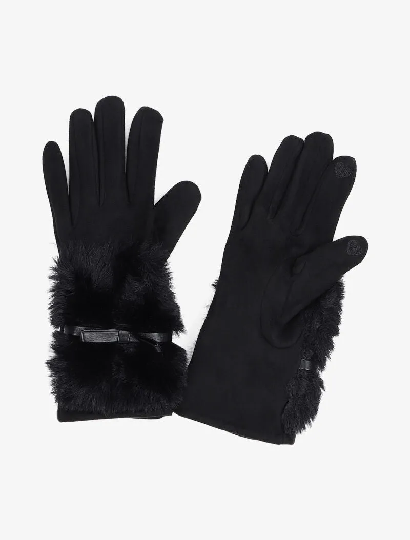 Gants suédés à détail fausse fourrure et noeud - Noir