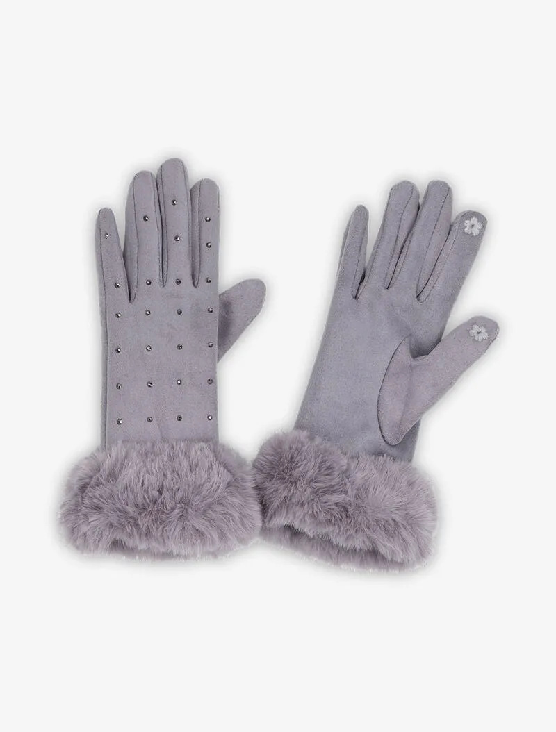 Gants en suédine à détails strass et fausse fourrure - Gris clair