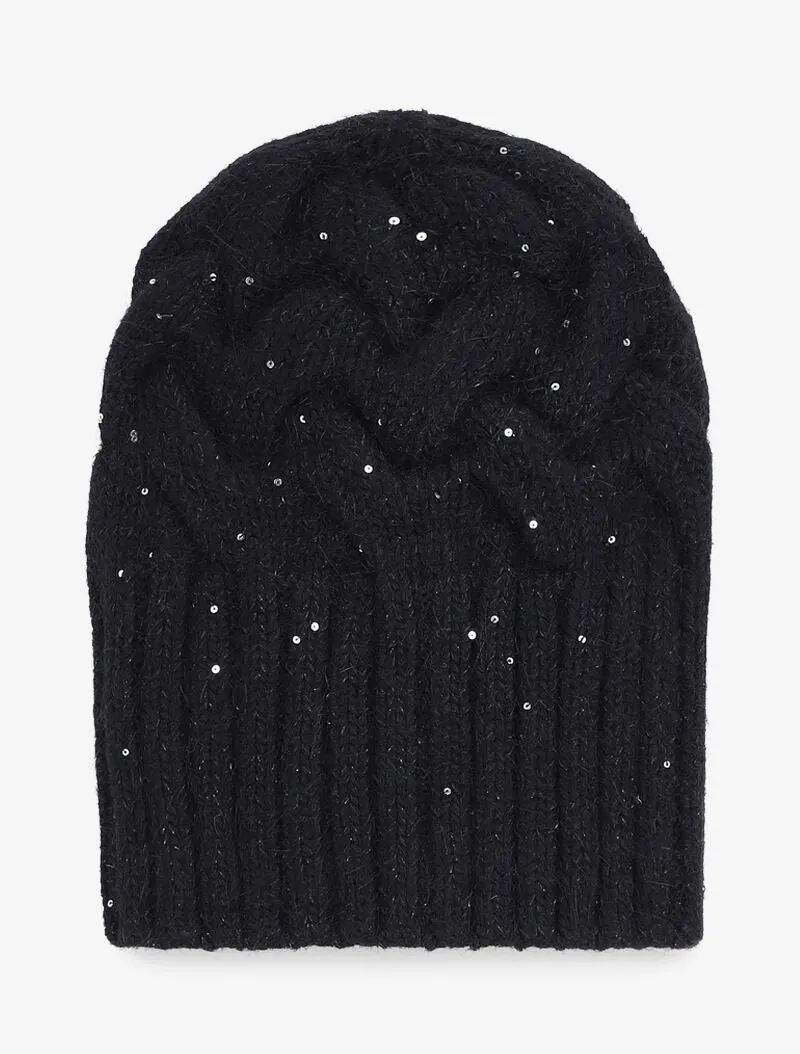 Bonnet en maille tressée à sequins - Noir