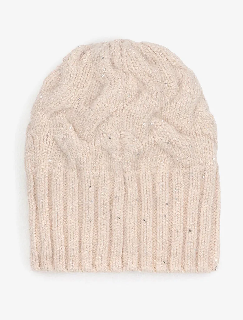 Bonnet en maille tressée à sequins - Beige