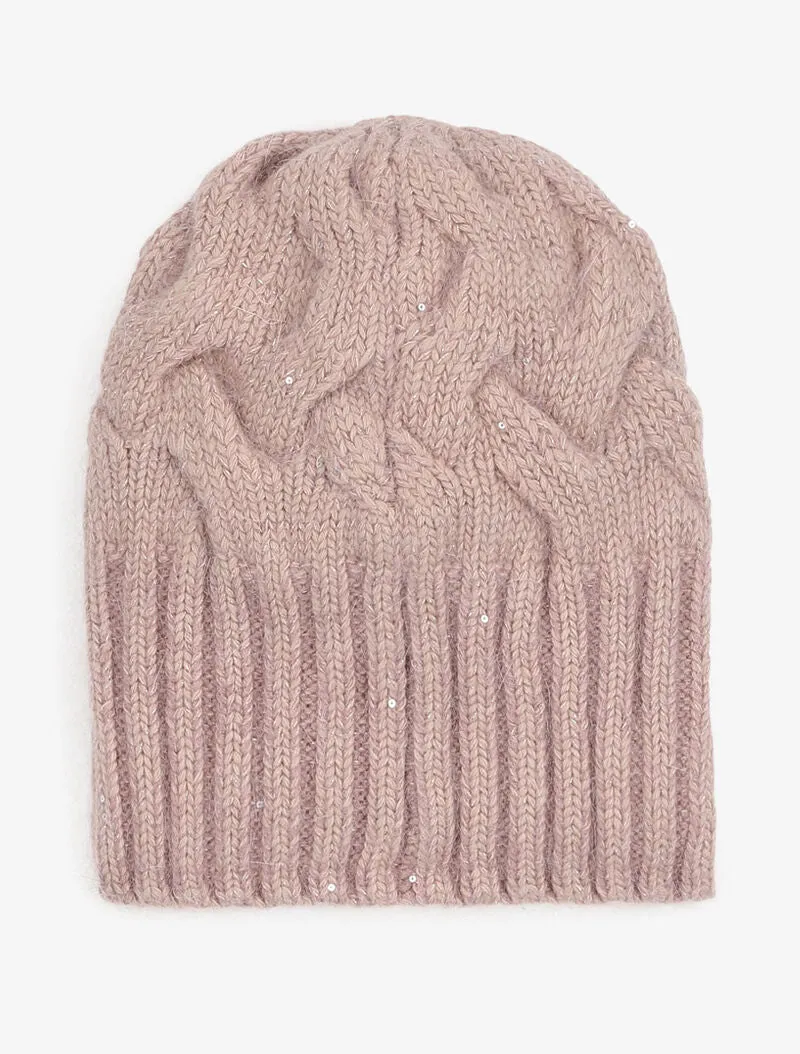 Bonnet en maille tressée à sequins - Rose poudré