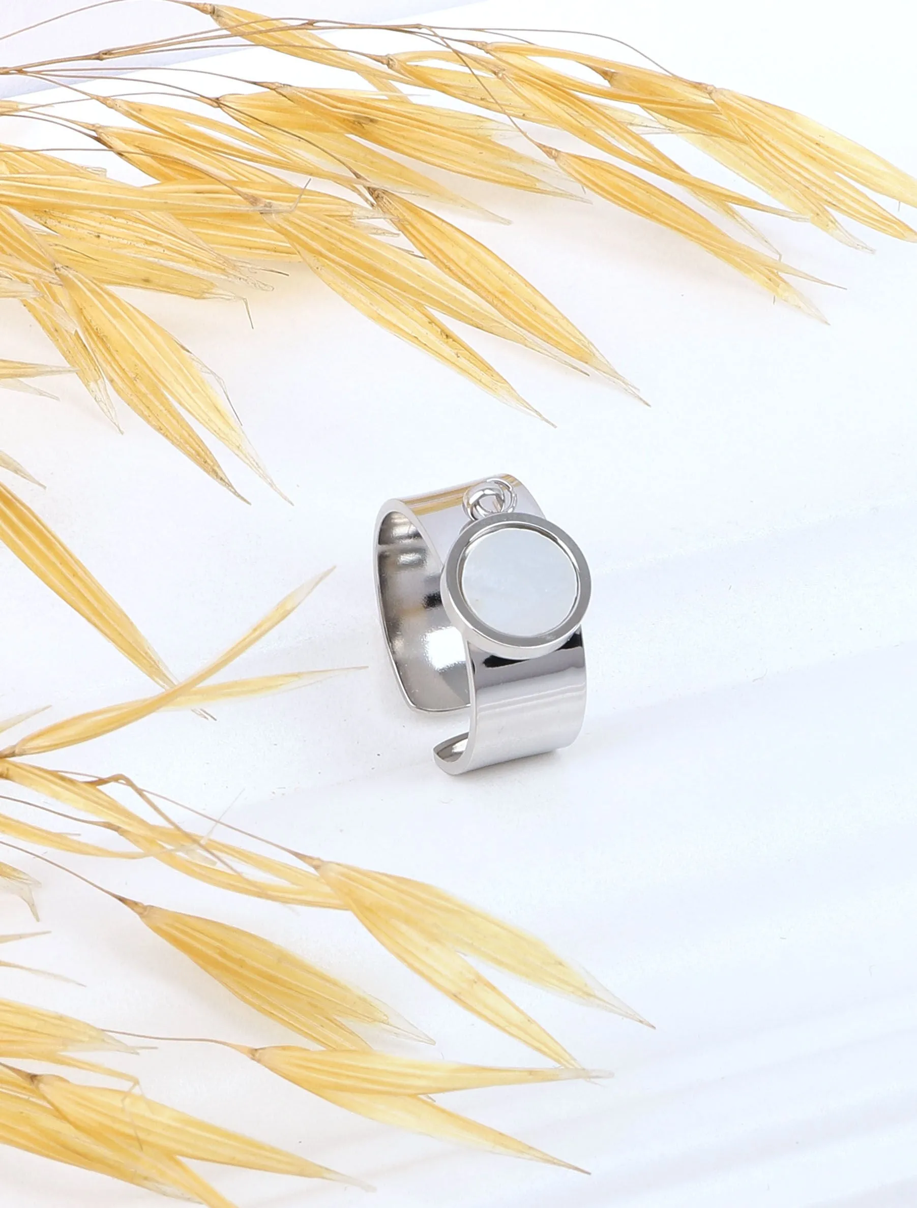 Bague ajustable à rond nacré - Argent