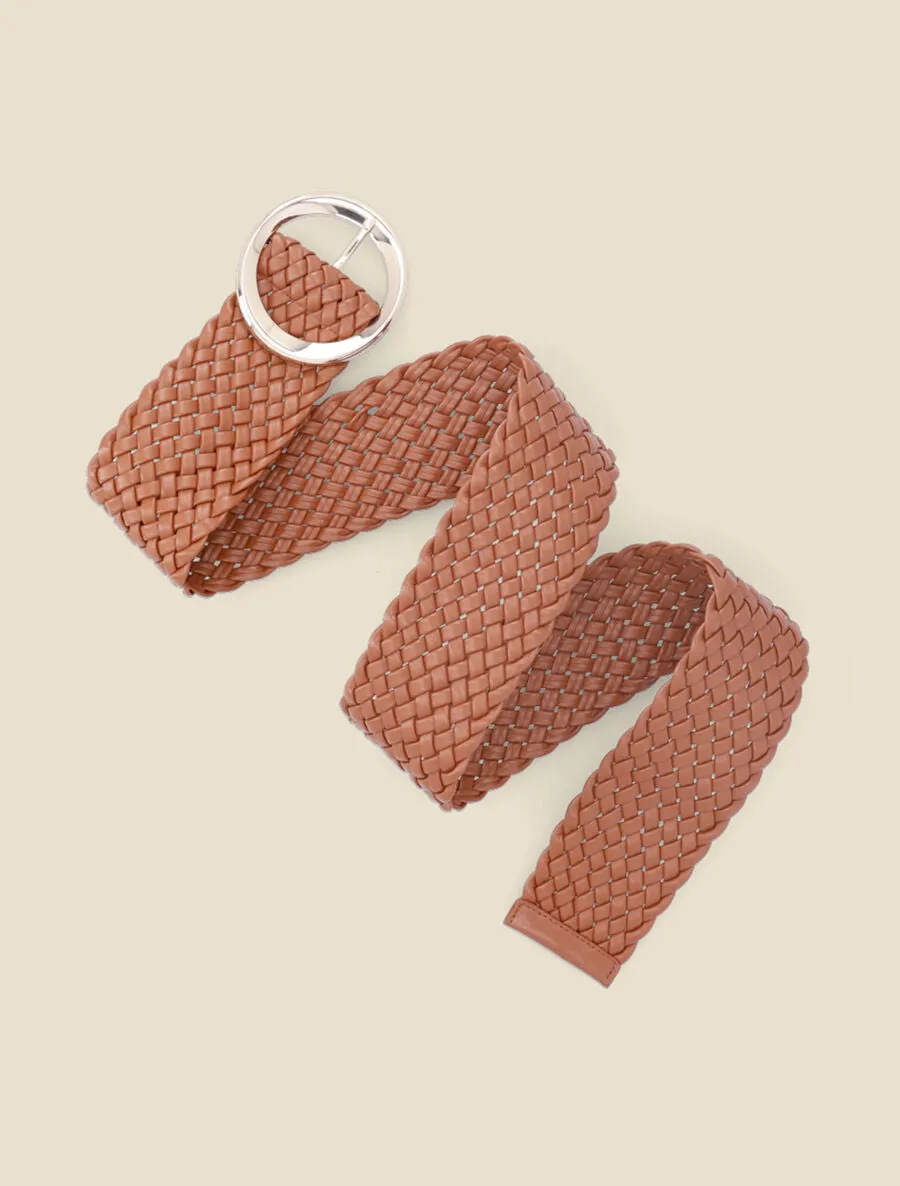 Ceinture tressée à boucle ronde dorée - Camel