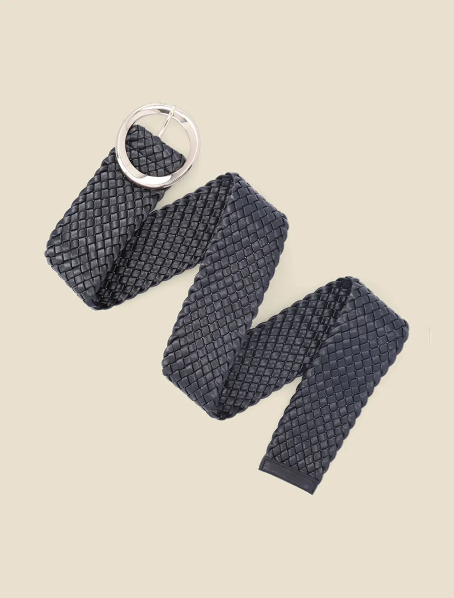 Ceinture tressée à boucle ronde dorée - Noir