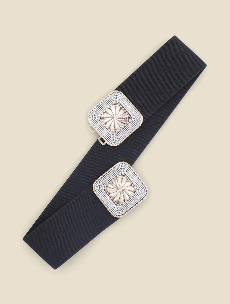 Ceinture élastiquée à boucle carrée à strass - Noir