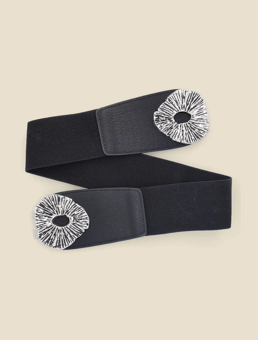 Ceinture élastiquée à boucle striée - Noir/argent