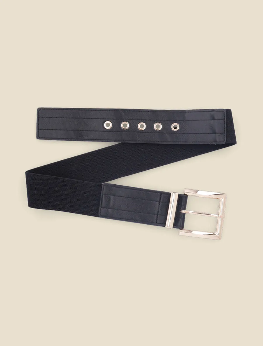 Ceinture élastiquée à boucle métallique carrée - Noir/or