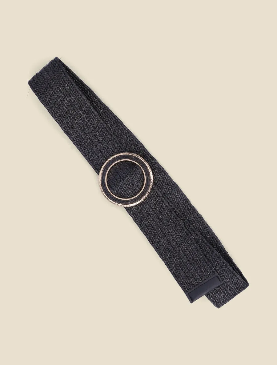 Ceinture en raphia à boucle ronde ciselée - Noir