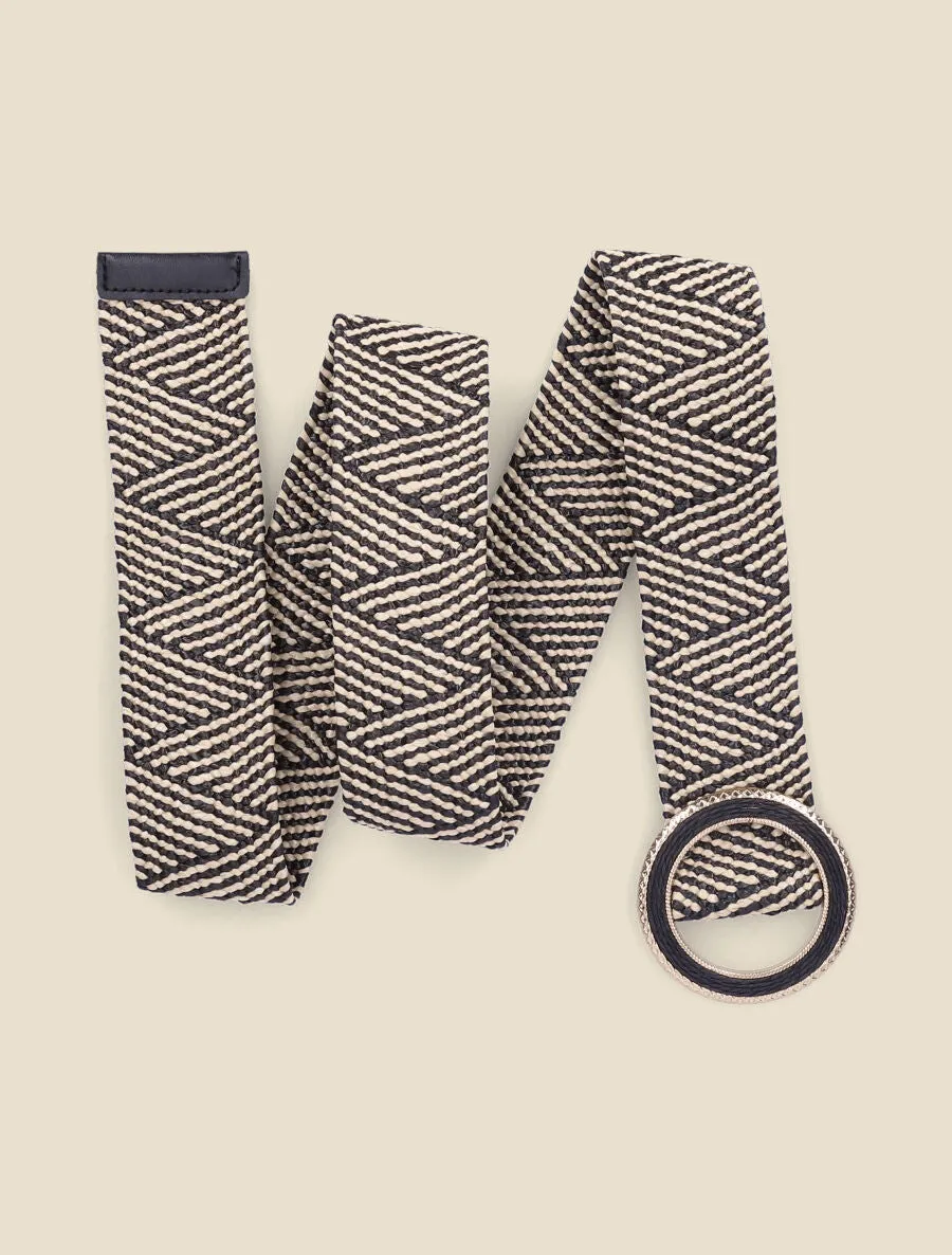 Ceinture en raphia à boucle ronde ciselée - Noir/beige