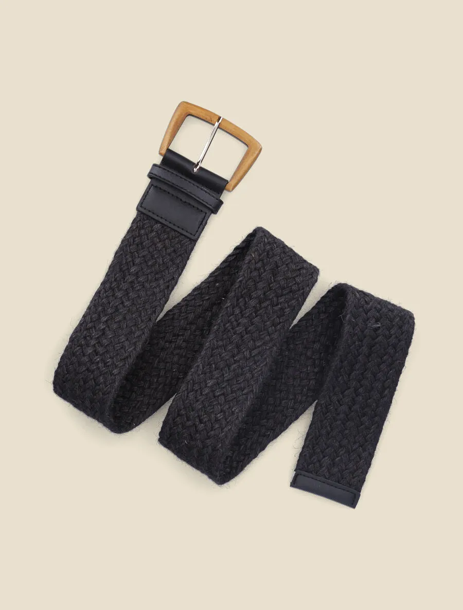 Ceinture en raphia à boucle en bois - Noir