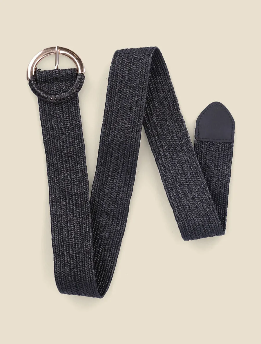 Ceinture en raphia à boucle ronde bimatière - Noir
