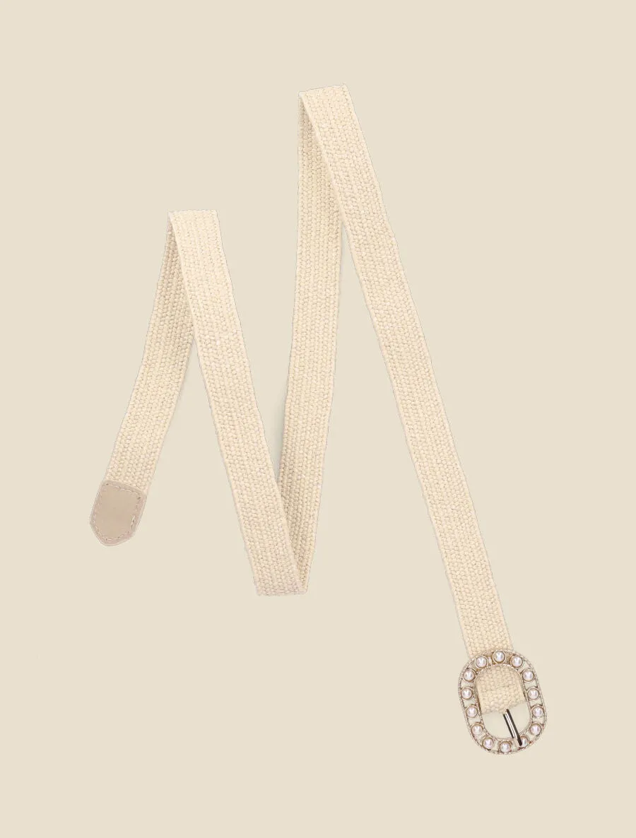 Ceinture en raphia à boucle ornée de perles - Beige