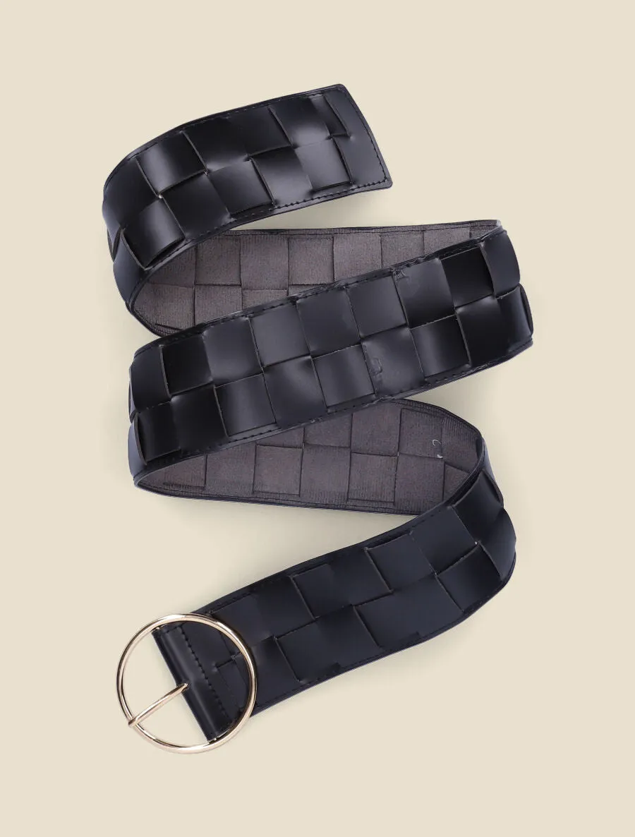 Ceinture en simili tressé à boucle ronde - Noir/or