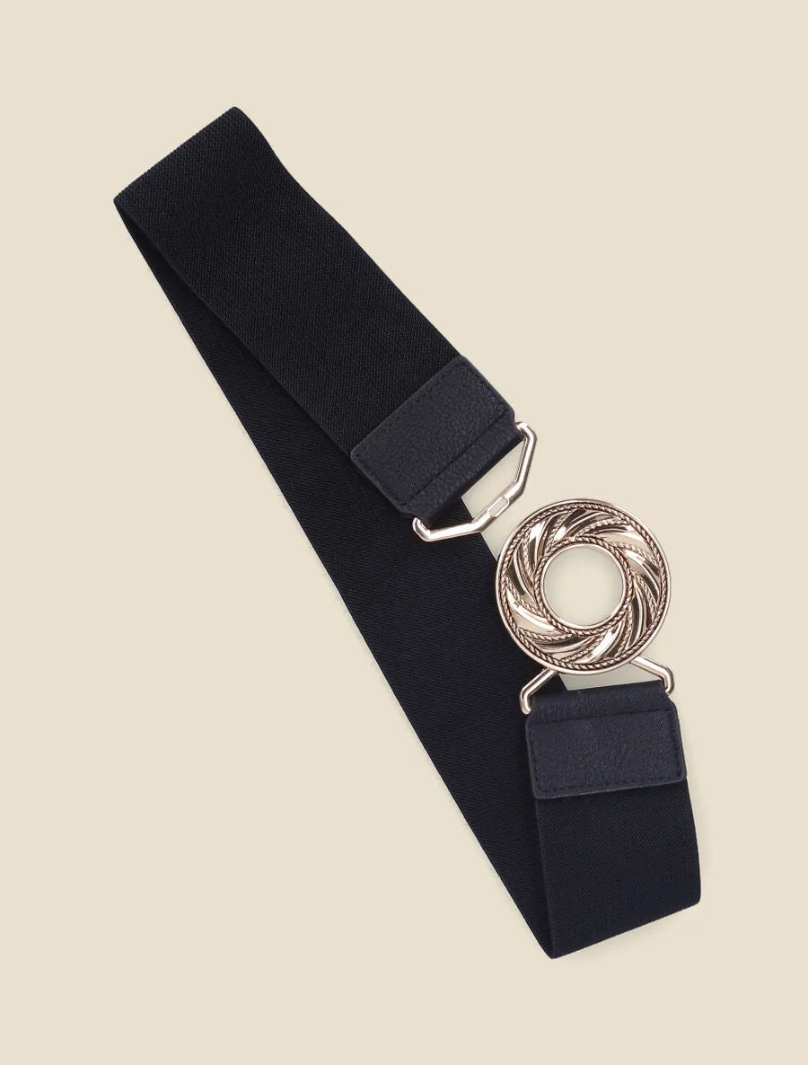 Ceinture élastiquée à boucle ronde graphique - Noir/or