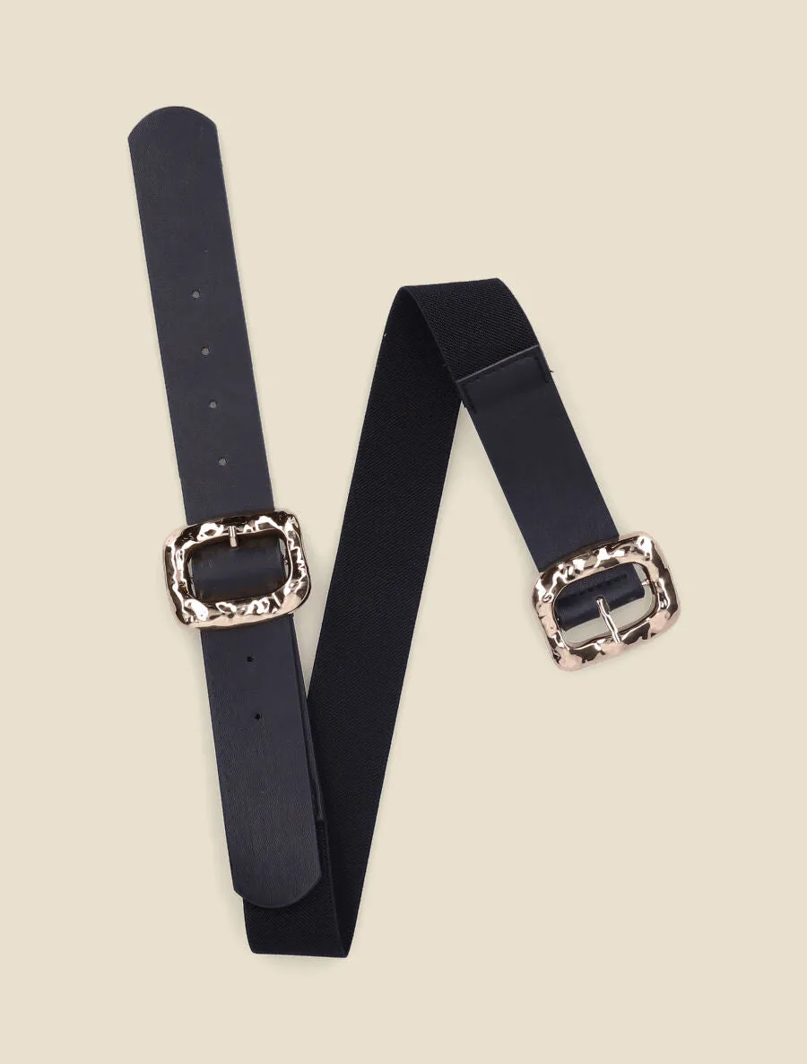 Ceinture élastiquée à double boucles martelées - Noir/or