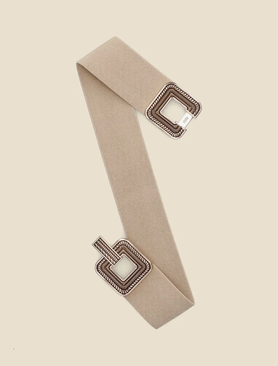 Ceinture élastiquée à boucles carrées à détails stylisés - Taupe