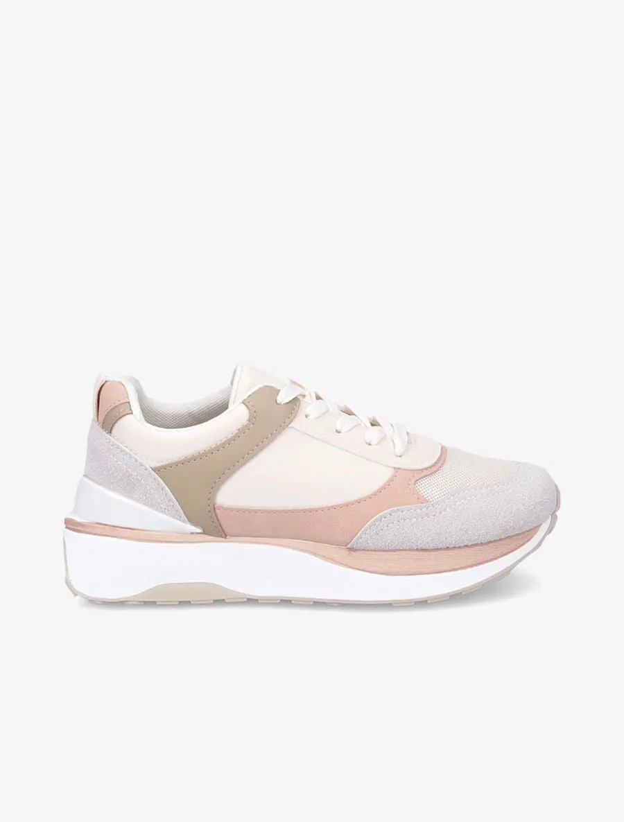Baskets bi-matière à lacets - Gris clair