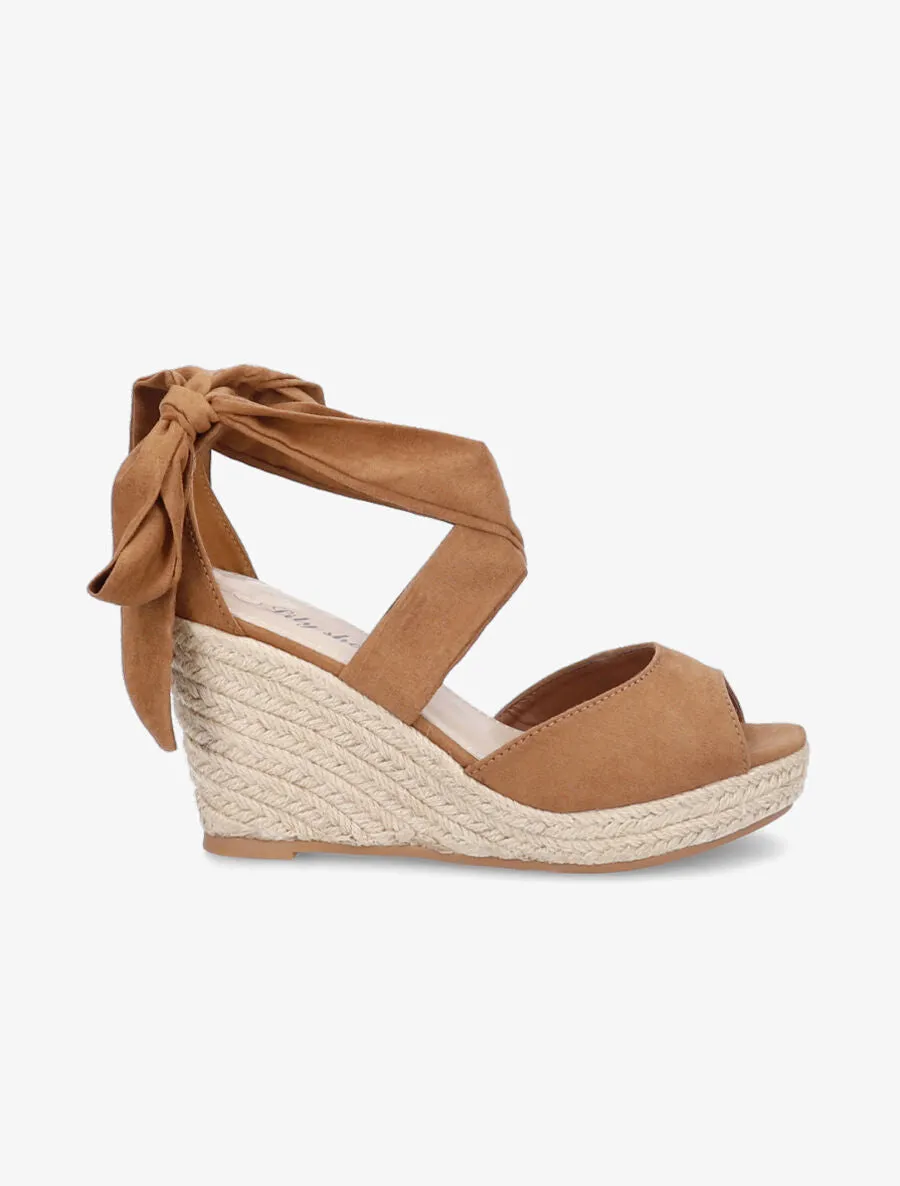 Espadrilles à talons compensés et liens en suédine - Camel
