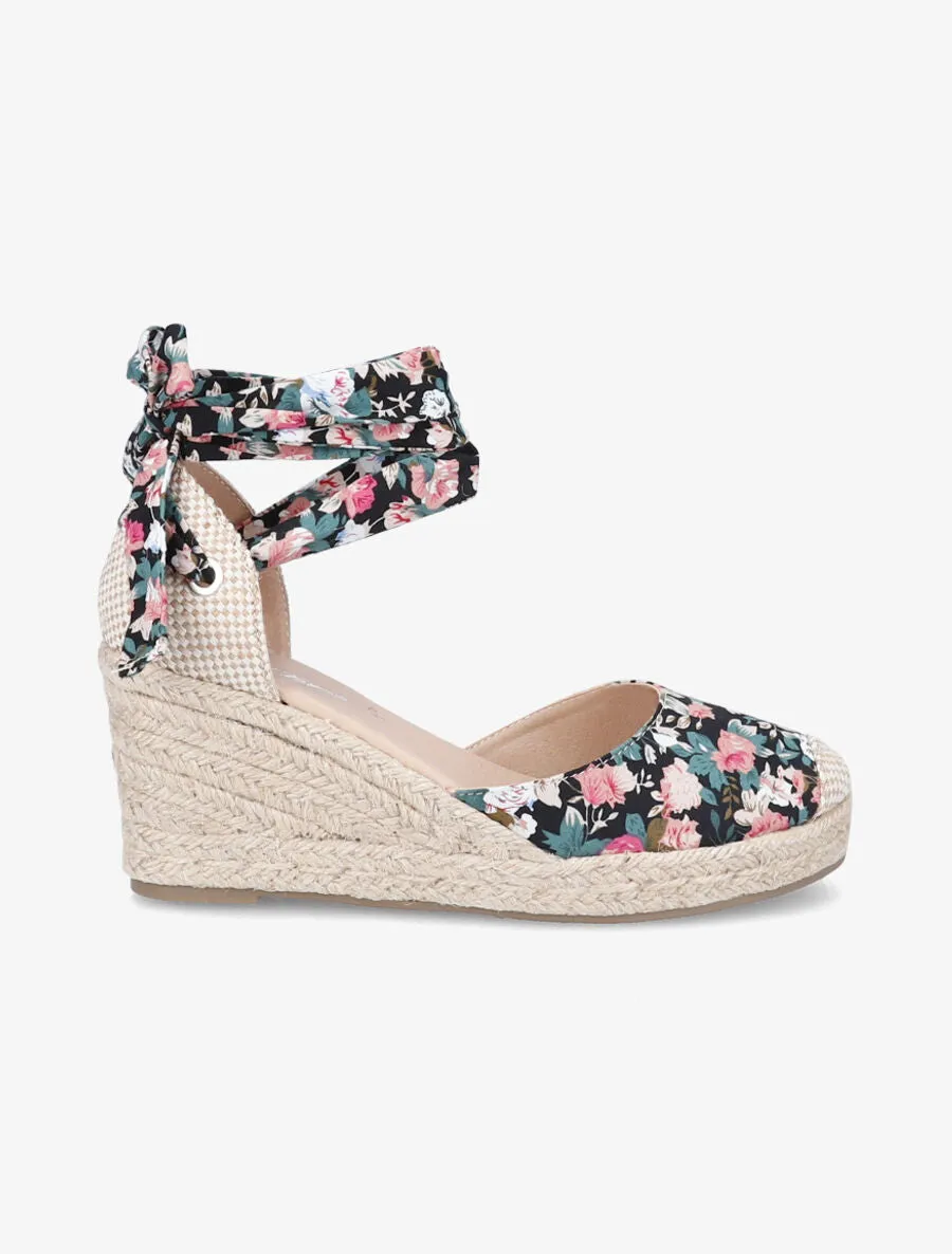 Espadrilles compensées imprimé fleuri - Noir