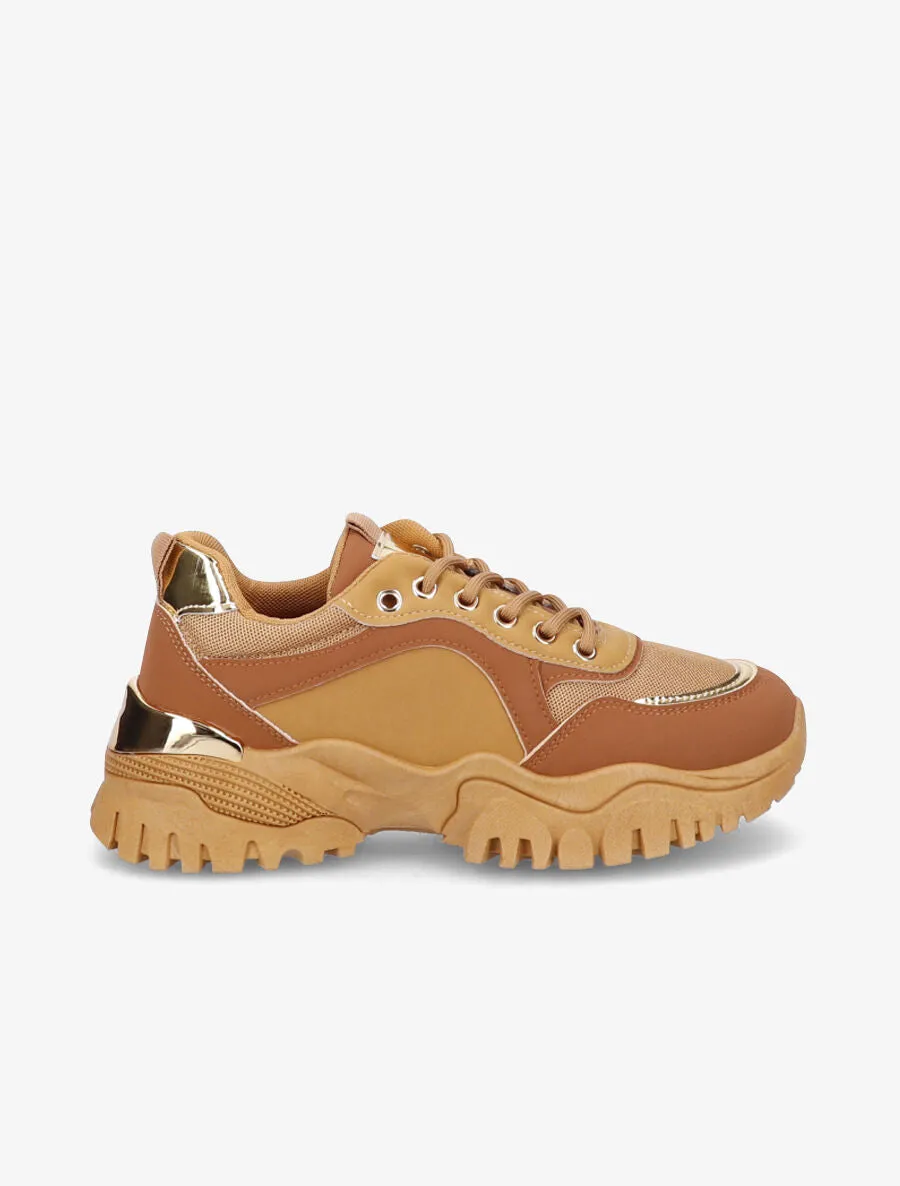Baskets en simili à empiècements effet métallique - Camel