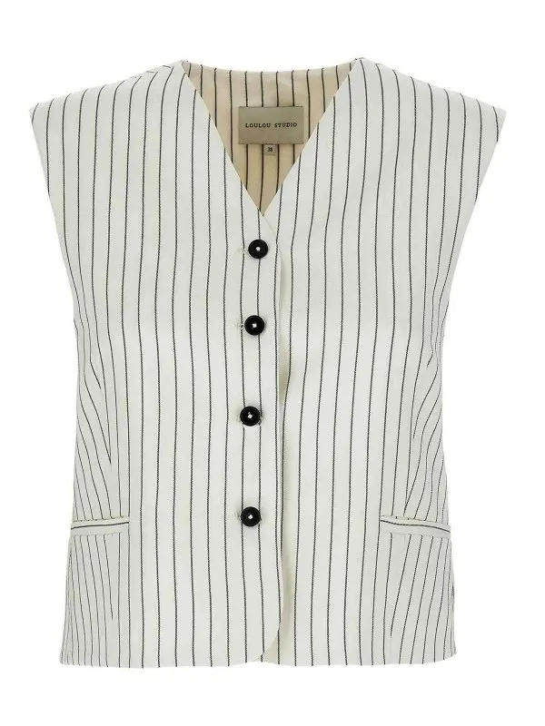 Loulou Studio Gilet - Blanc - Blanc | VANUAIVORYBLACKSTRIPES